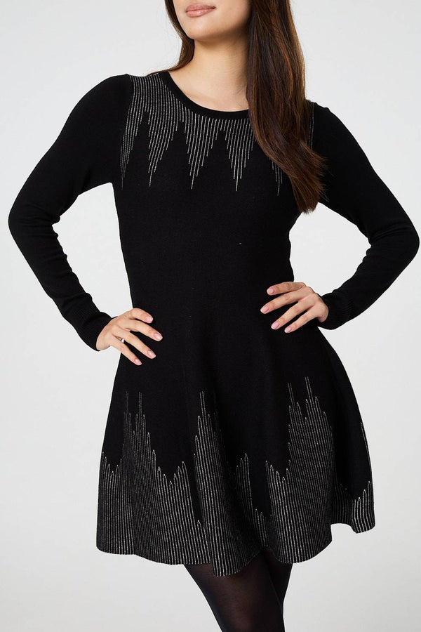 Black | Printed Knit Dress With Removable Rollneck
