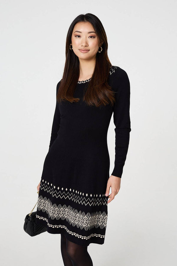 Black | Aztec Print Removable Rollneck Knit Dress
