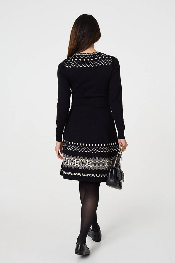 Black | Aztec Print Removable Rollneck Knit Dress
