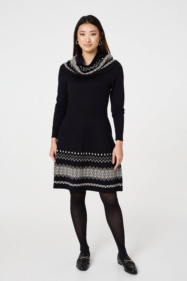 Black | Aztec Print Removable Rollneck Knit Dress
