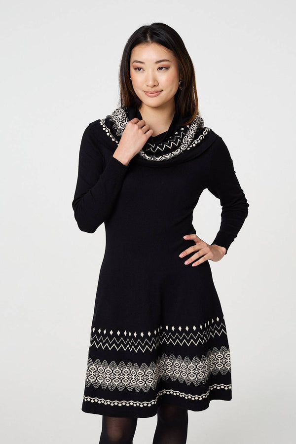 Black | Aztec Print Removable Rollneck Knit Dress
