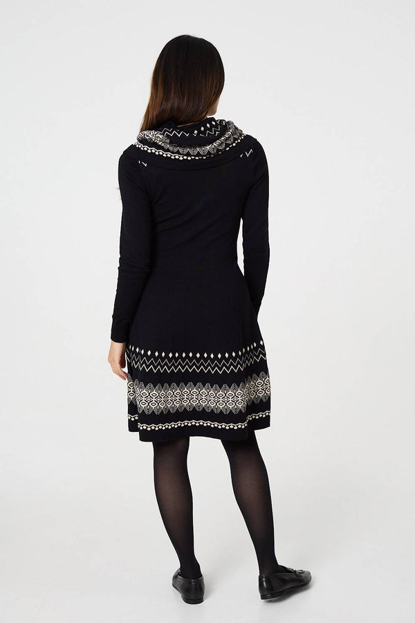 Black | Aztec Print Removable Rollneck Knit Dress
