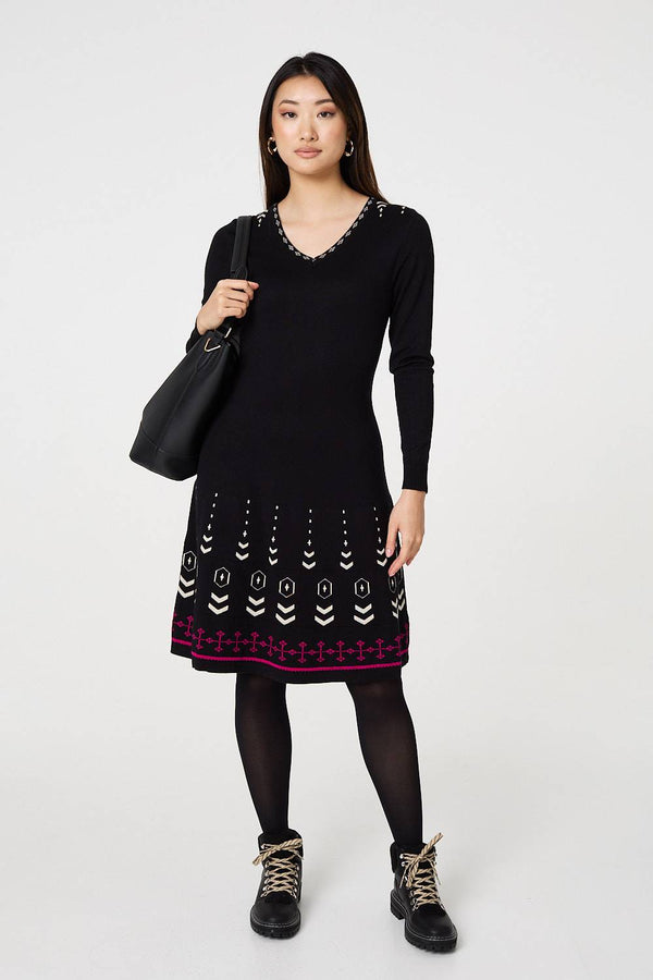 Black | Printed Knit Dress With Removable Scarf
