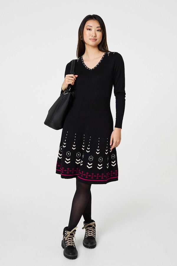 Black | Printed Knit Dress With Removable Scarf
