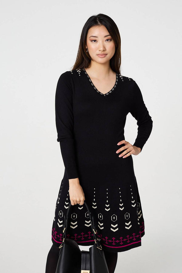 Black | Printed Knit Dress With Removable Scarf
