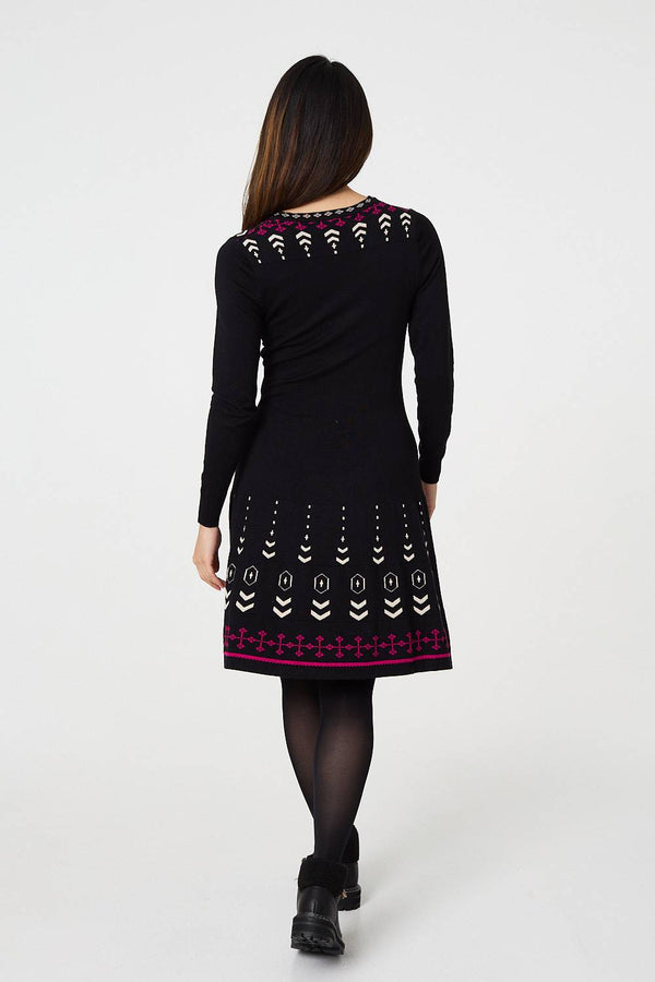 Black | Printed Knit Dress With Removable Scarf
