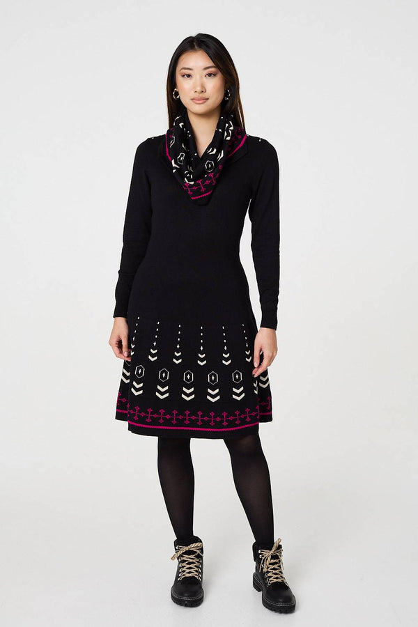 Black | Printed Knit Dress With Removable Scarf
