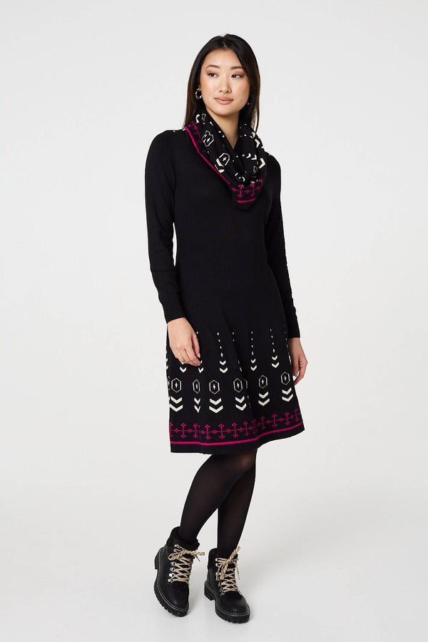 Black | Printed Knit Dress With Removable Scarf
