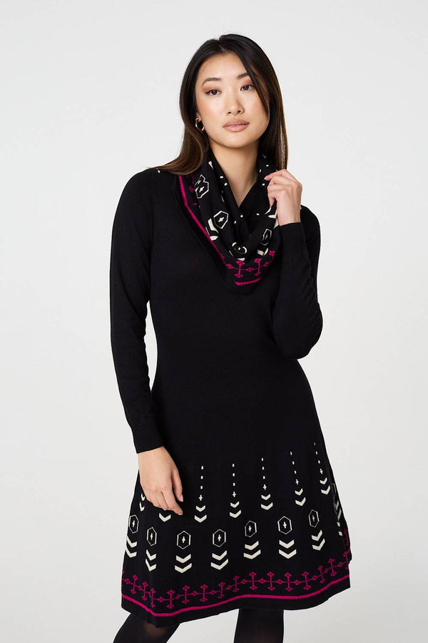 Black | Printed Knit Dress With Removable Scarf
