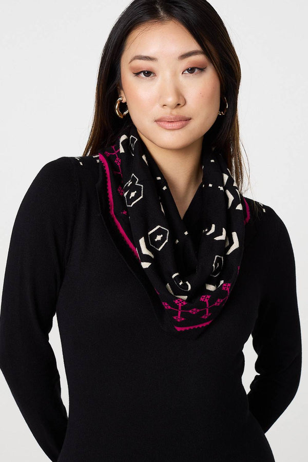 Black | Printed Knit Dress With Removable Scarf
