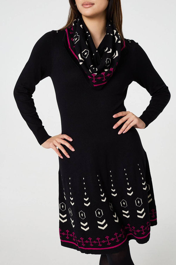 Black | Printed Knit Dress With Removable Scarf
