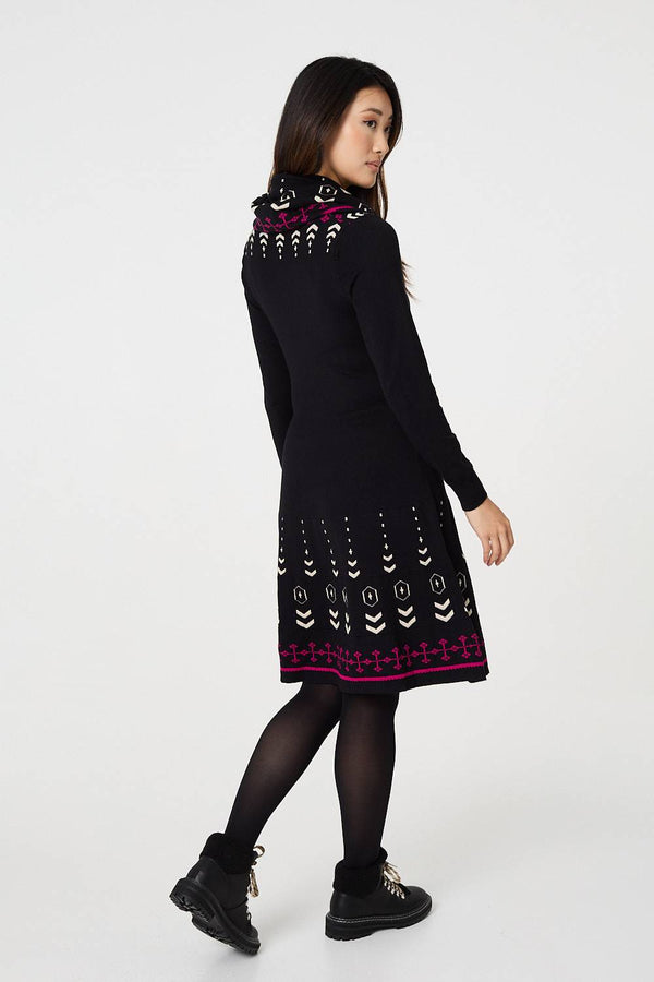 Black | Printed Knit Dress With Removable Scarf
