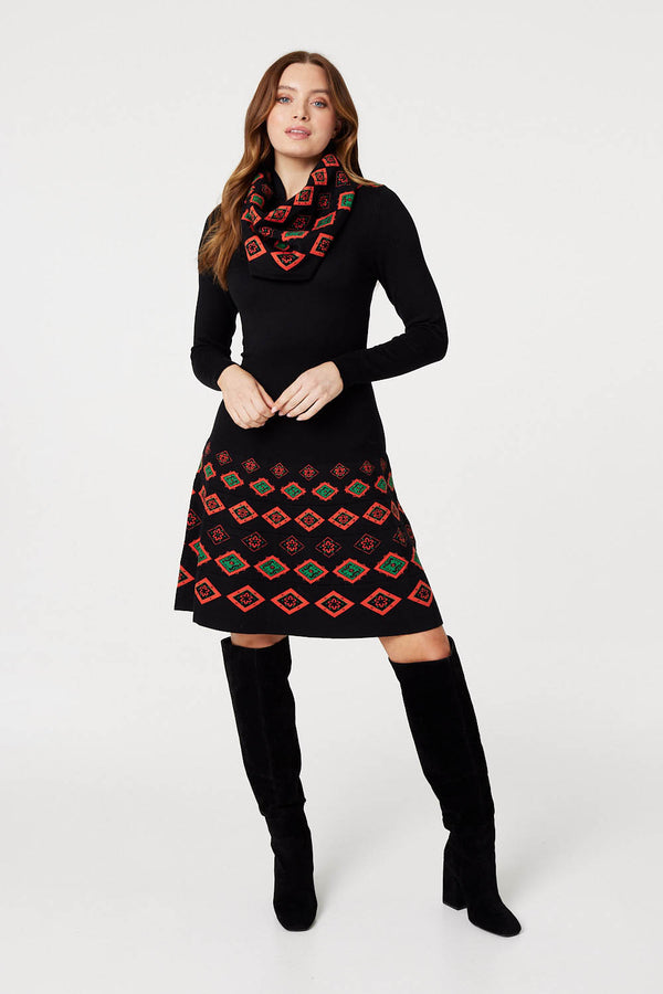 Black | Printed Fit & Flare Knit Dress