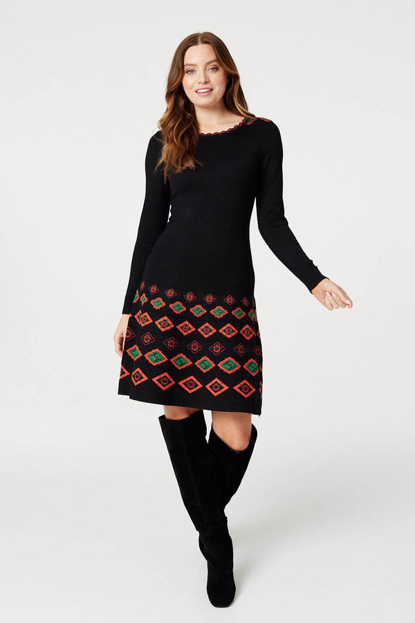 Black | Printed Fit & Flare Knit Dress