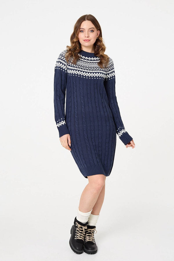 Navy | Aztec Print High Neck Midi Jumper Dress
