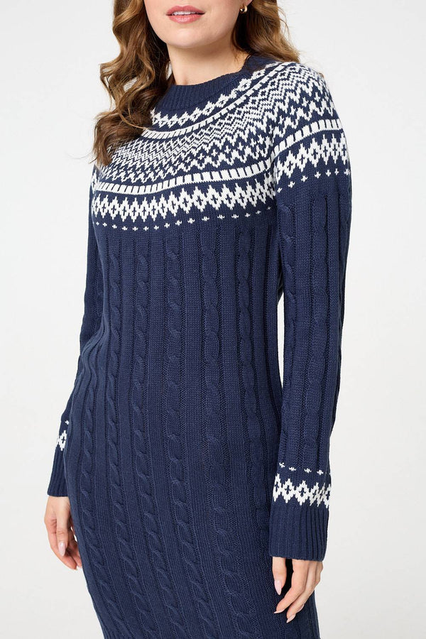 Navy | Aztec Print High Neck Midi Jumper Dress
