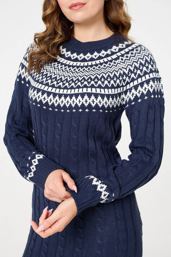 Navy | Aztec Print High Neck Midi Jumper Dress
