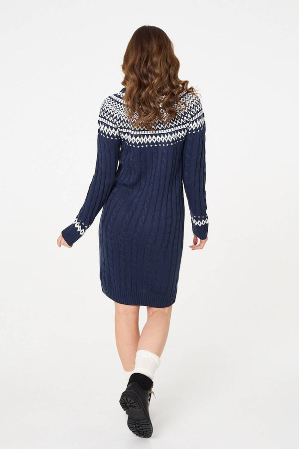 Navy | Aztec Print High Neck Midi Jumper Dress
