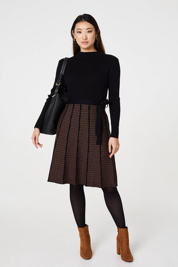 Black | Geo Print Tie Waist Pleated Jumper Dress