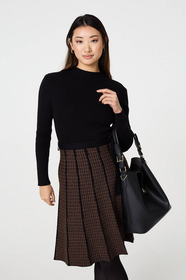 Black | Geo Print Tie Waist Pleated Jumper Dress