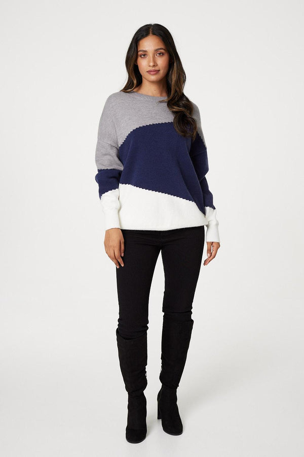 Navy | Colour Block Relaxed Knit Sweater : Model is 5'7.5"/171 cm and wears UK8/EU36/US4/AUS8