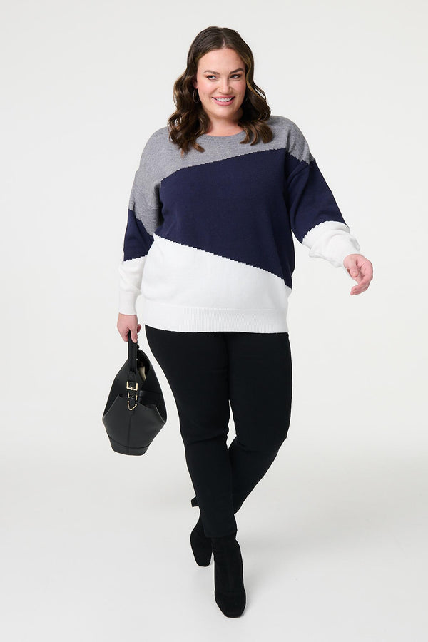 Navy | Colour Block Relaxed Knit Sweater : Model is 5'8"/172 cm and wears UK18/EU46/US14/AUS18