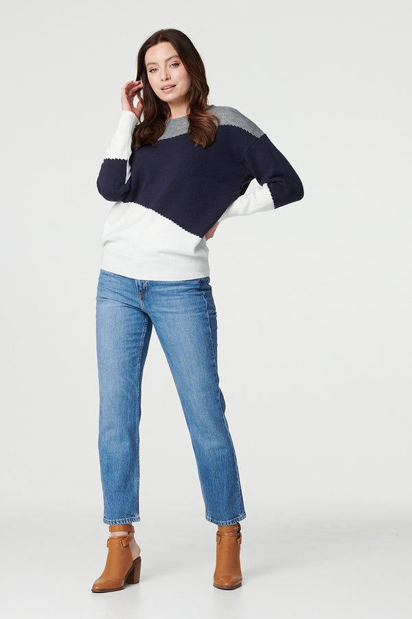 Navy | Colour Block Relaxed Knit Sweater : Model is 5'9"/175 cm and wears UK8/EU36/US4/AUS8