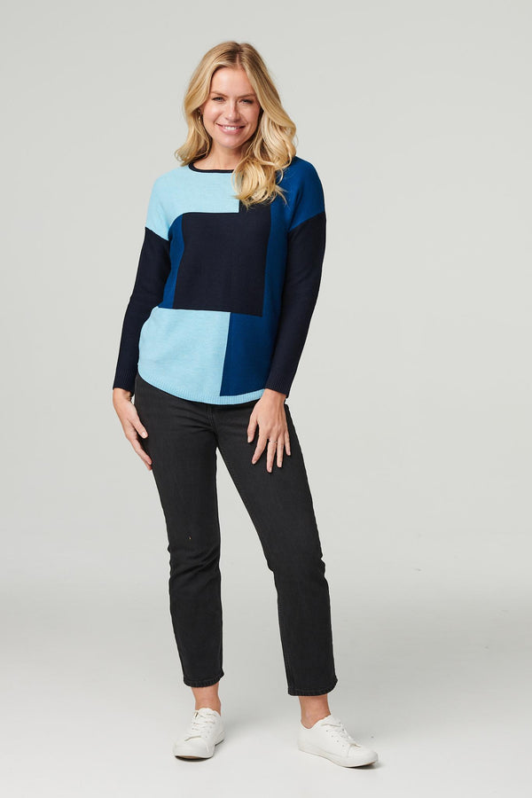 Blue | Colour Block Slouchy Knit Jumper