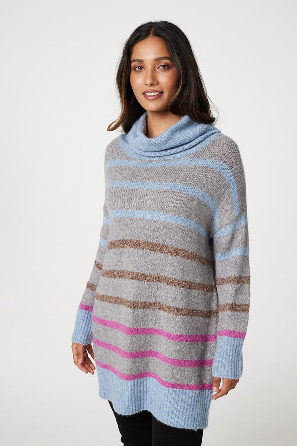 Grey | Striped Roll Neck Oversized Jumper