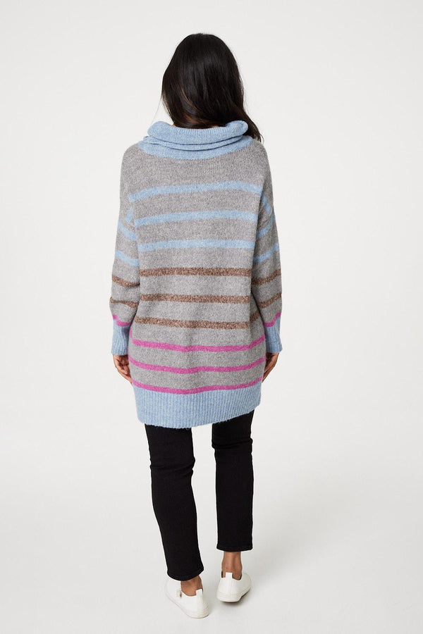 Grey | Striped Roll Neck Oversized Jumper