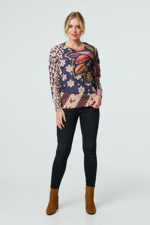 Blue | Leaf Print Drop Shoulder Jumper
