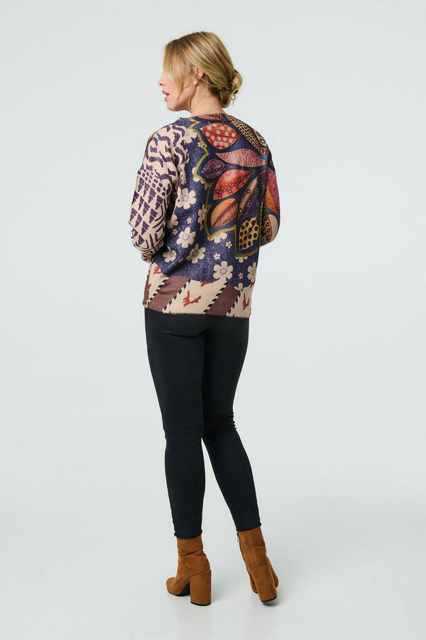 Blue | Leaf Print Drop Shoulder Jumper
