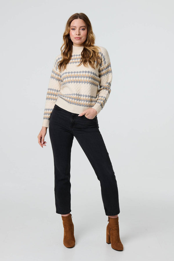 Cream | Textured Stripe Print High Neck Jumper
