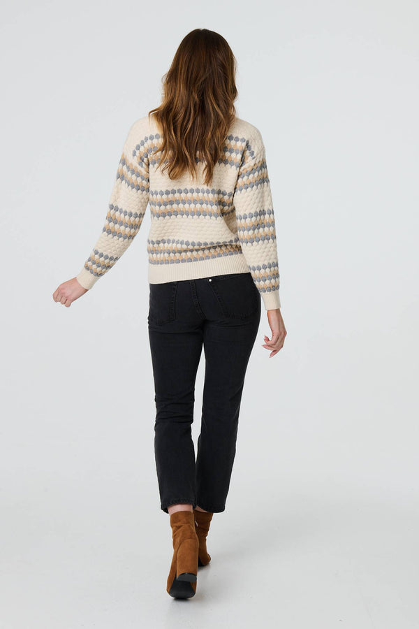 Cream | Textured Stripe Print High Neck Jumper
