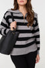 Black | Striped Zip Neck Collared Pullover
