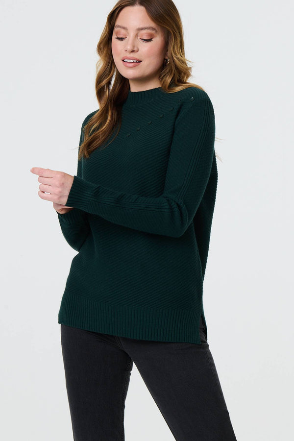 Green | Button Detail High Neck Knit Jumper
