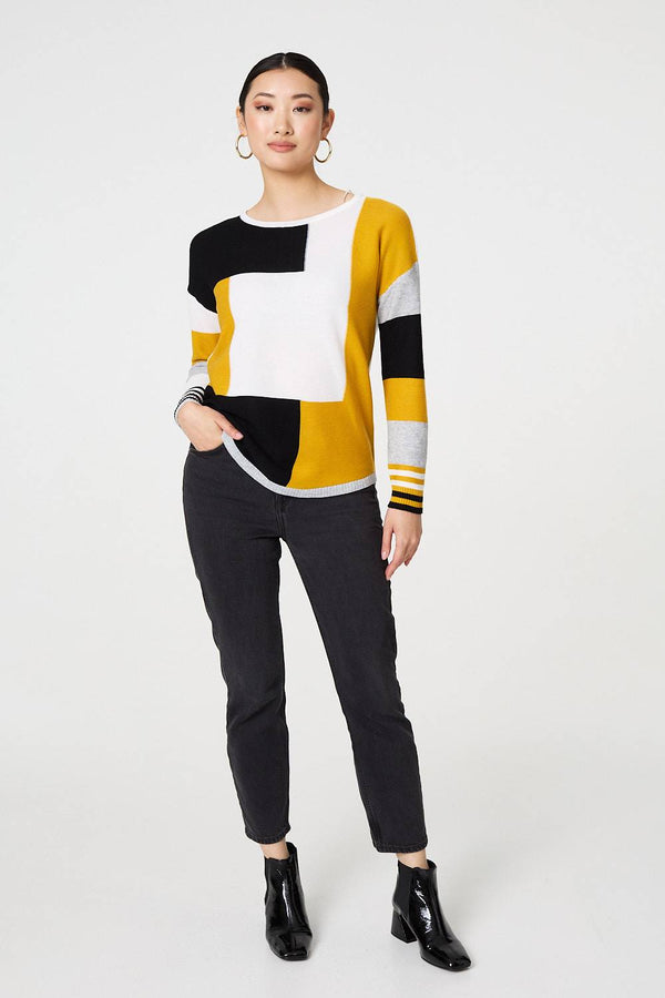 Mustard | Colour Block Curve Hem Boat Neck Jumper