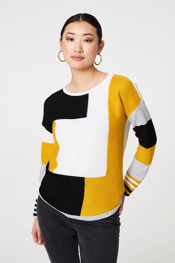 Mustard | Colour Block Curve Hem Boat Neck Jumper