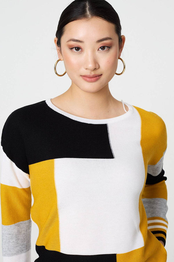 Mustard | Colour Block Curve Hem Boat Neck Jumper