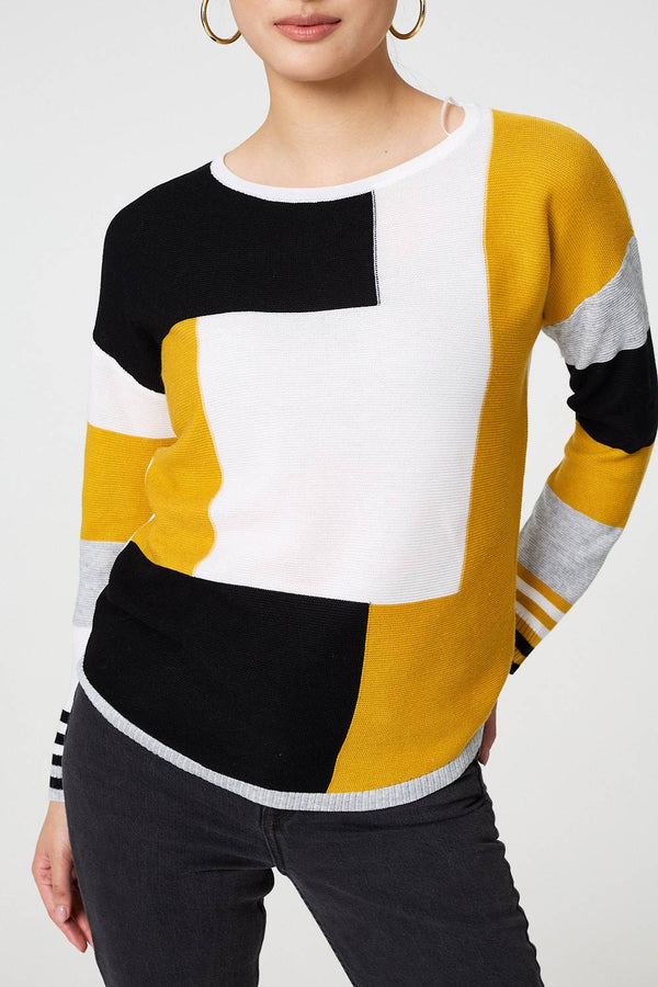 Mustard | Colour Block Curve Hem Boat Neck Jumper