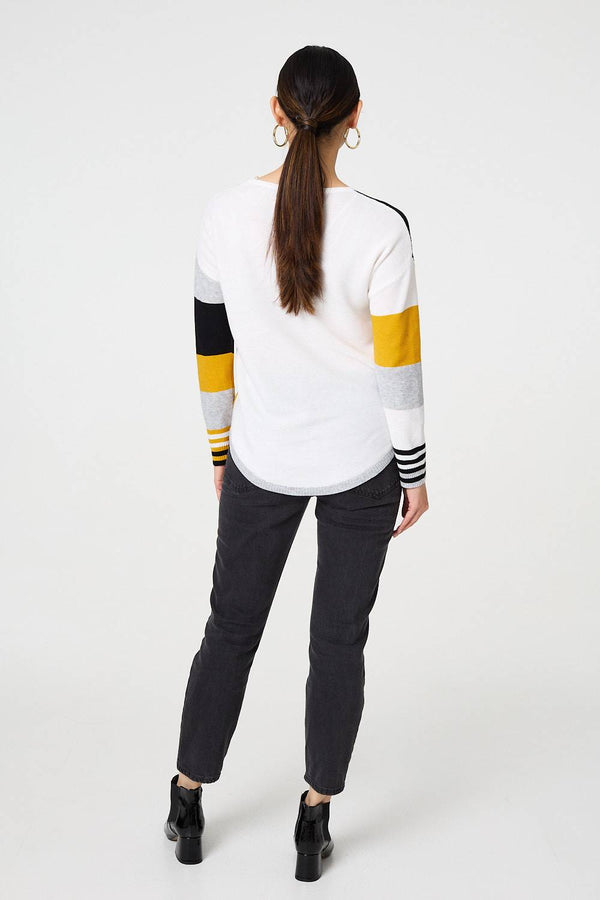 Mustard | Colour Block Curve Hem Boat Neck Jumper