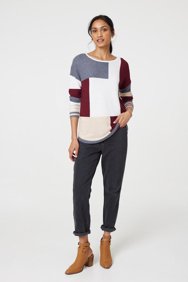 Red | Colour Block Curve Hem Boat Neck Jumper
