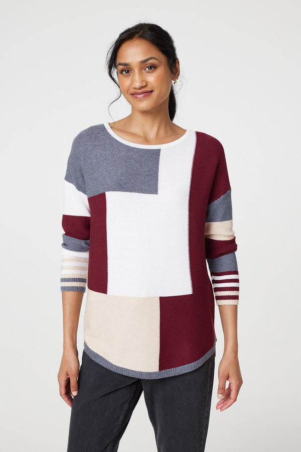 Red | Colour Block Curve Hem Boat Neck Jumper
