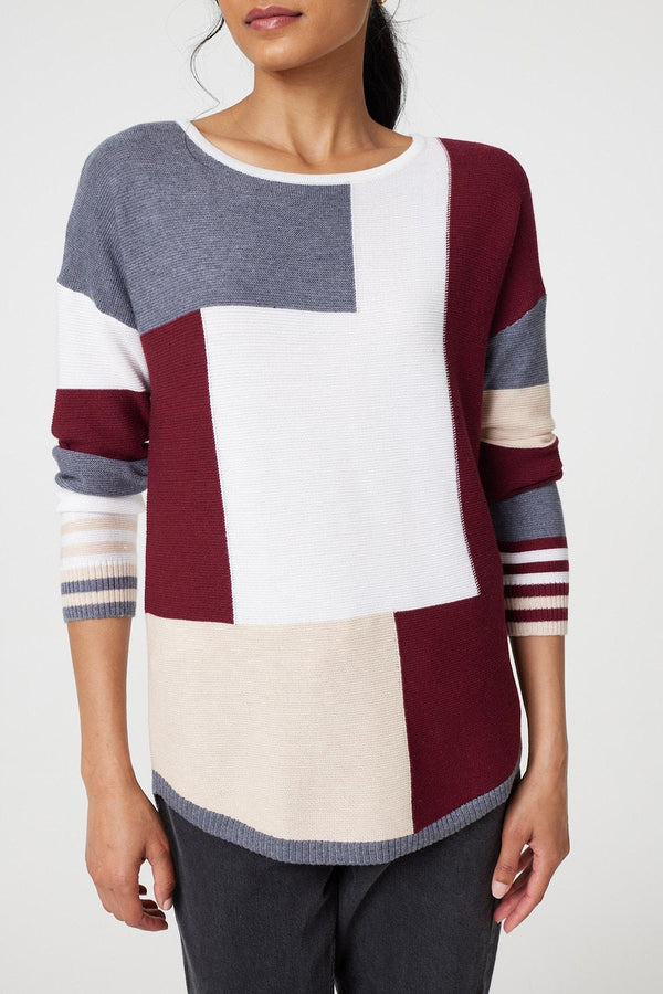 Red | Colour Block Curve Hem Boat Neck Jumper
