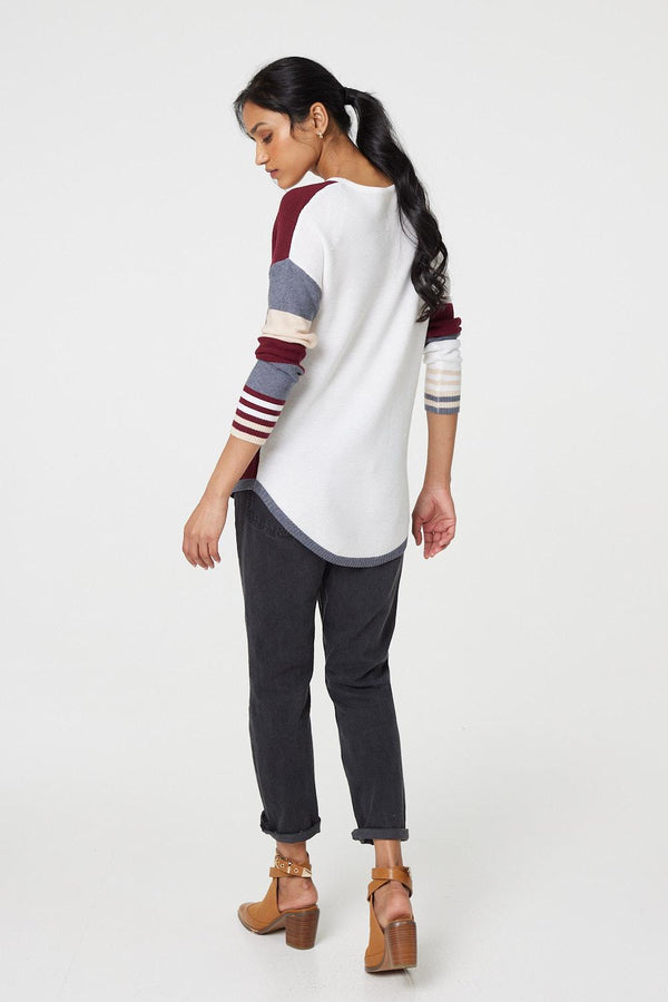 Red | Colour Block Curve Hem Boat Neck Jumper
