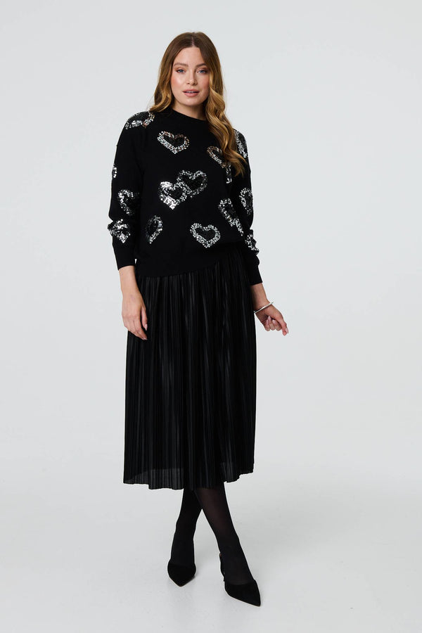 Black | Heart Sequin Embellished Knitted Jumper
