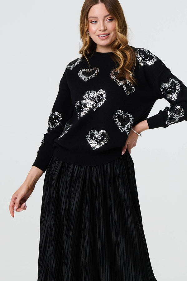 Black | Heart Sequin Embellished Knitted Jumper
