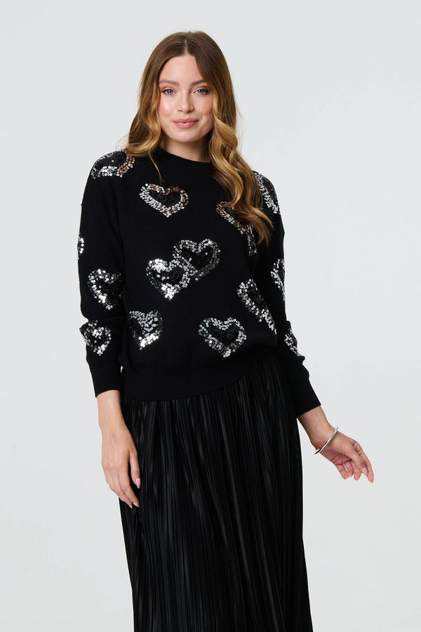 Black | Heart Sequin Embellished Knitted Jumper
