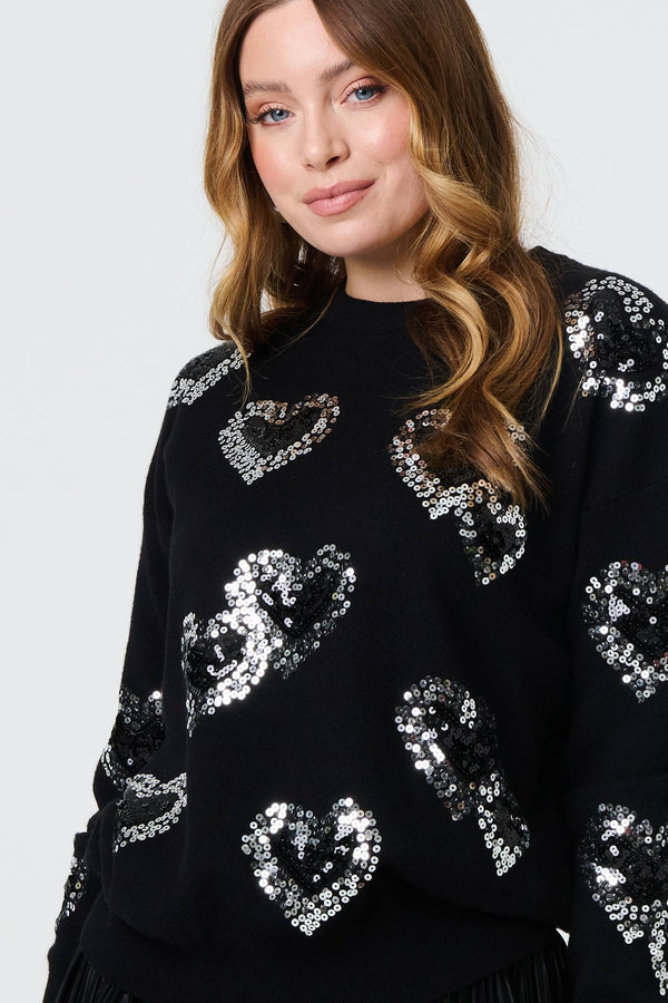 Black | Heart Sequin Embellished Knitted Jumper
