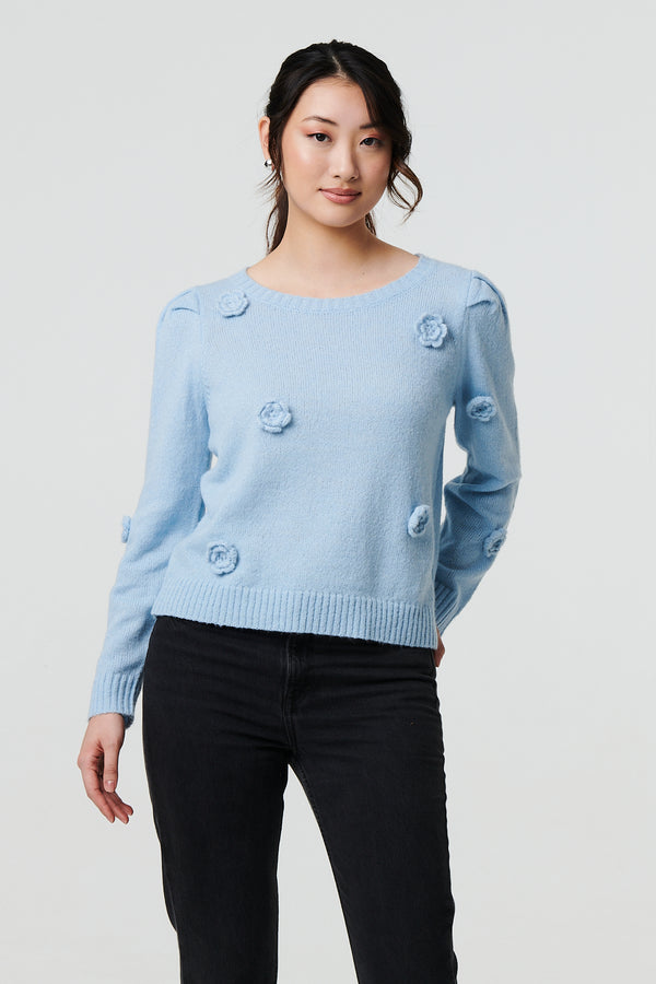 Blue | Floral Embroidered Cropped Jumper
